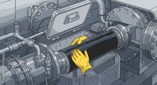 An industrial worker's gloved hands carefully insert a new filter element into a complex pipeline system, ensuring efficient operation and maintenance of the machinery.