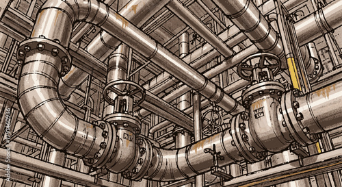 A complex industrial network of shiny metallic pipes and valves illustrates the intricate infrastructure of modern manufacturing and energy production.