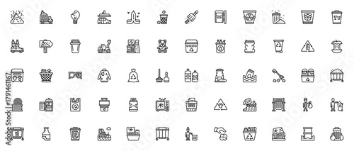 Trash icon set. Vector illustration. Includes symbol for rubbish, garbage truc, recycling bin, landfill,waste, bottle, can, dustbi and more. Editable stroke