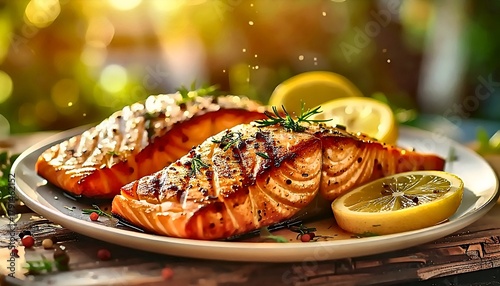 Fototapeta Naklejka Na Ścianę i Meble -  Grilled Salmon Fillets with Lemon and Rosemary, Golden Light, Culinary Delight