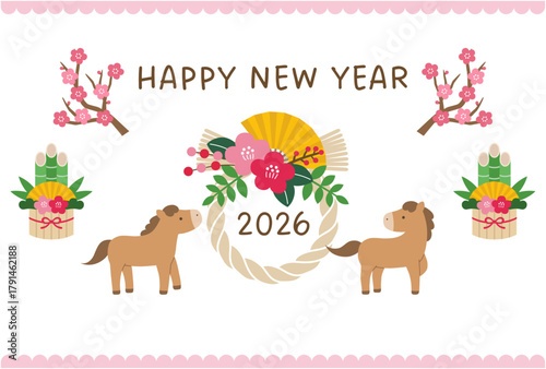 かわいい午年の年賀状テンプレート。2026年、馬、正月、しめ縄