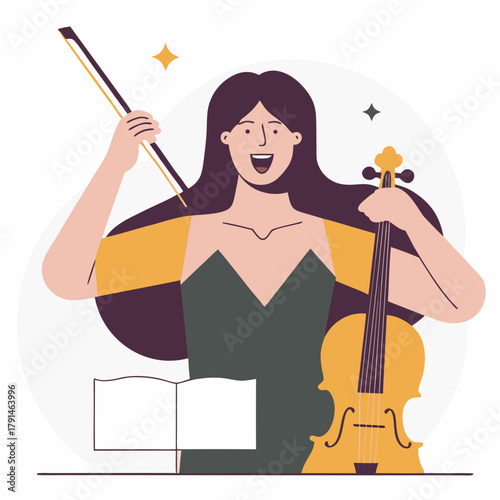 Woman playing the violin with a bright and cheerful expression