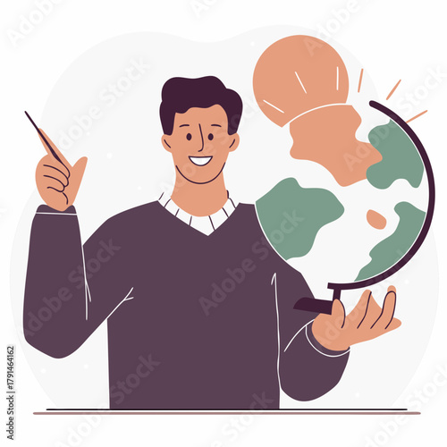 Smiling male teacher holding globe and explaining a lesson