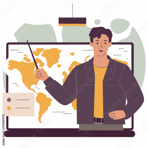 Man teaching history and pointing at a world map
