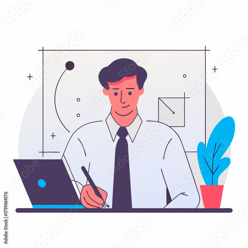 Male math teacher writing equations on whiteboard with laptop