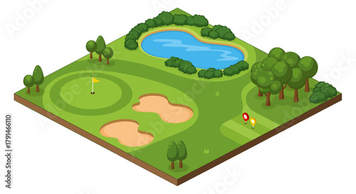 An isometric vector illustration of a golf course section featuring a putting green with a flag, sand bunkers, a blue water hazard, and dense trees on a square terrain block with brown soil edges