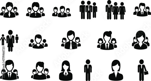Business people and team icons set, male and female silhouettes for leadership, HR, and corporate groups, black vector pictograms.