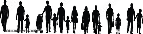 Family walking silhouettes, parents and children in side view, stroller and shopping bags, diverse ages together, simple black vector illustration on white​
