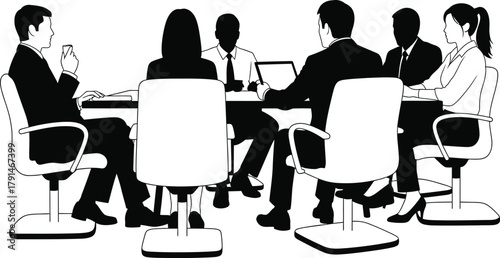 Business meeting silhouette, diverse team seated around conference table collaborating with laptops and notes, black-and-white vector illustration.