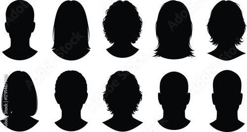 Head silhouette avatars set, male and female profiles with various hair lengths and textures, minimal black vector icons for profiles and UI.