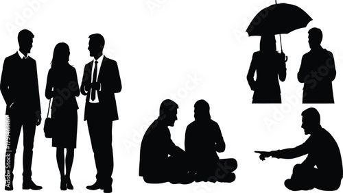 People conversation silhouettes set, business professionals talking, friends sitting and discussing, couple under umbrella, pointing gesture, black vector illustration
