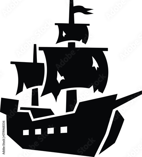 Pirate ship silhouette icon, vintage sailing vessel vector, torn sails galleon, nautical symbol, simple flat illustration, black on white