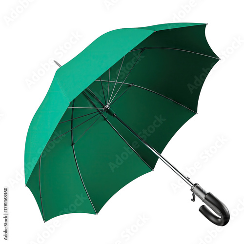 A Green Umbrella With A Black Handle Stands Open Against A Black Background Showing Its Metal Frame And White Accents On The Edge Of The Canopy