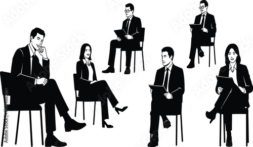 Seated business people set, corporate professionals sitting on chairs with tablets and notebooks, black-and-white vector silhouettes for meetings and interviews.