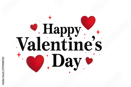Happy Valentine’s Day Typography with Red Hearts and Stars – Romantic Love Greeting Design on Transparent Background