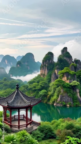 Natural scenery of Chinese pavilion among mountains and rivers