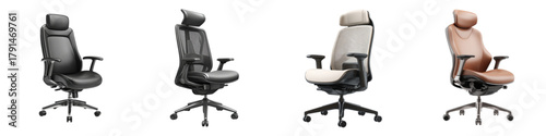 Modern ergonomic office chairs collection in leather and mesh, ideal for corporate offices, home offices, and enhancing workplace comfort and support for peak performance