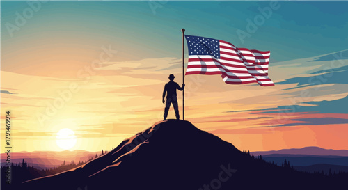​A solitary silhouette of a person standing atop a mountain at sunset, proudly holding the American flag. The vibrant sky and expansive landscape evoke feelings of freedom, success, patriotism.