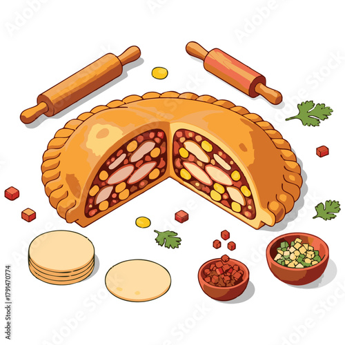 Delicious empanada with a slice cut out, filled with meat, beans, and corn; ready to be served on a white table. This mouth-watering illustration is perfect for food blogs, recipe sites
