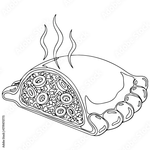 Outlined drawing of a steaming hot empanada pastry filled with meat and olives, isolated on a white background. This artistic illustration would make a perfect recipe element for a restaurant