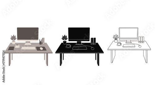 Minimalist illustration of three sets of office desk silhouettes, representing organization, flat vector design.