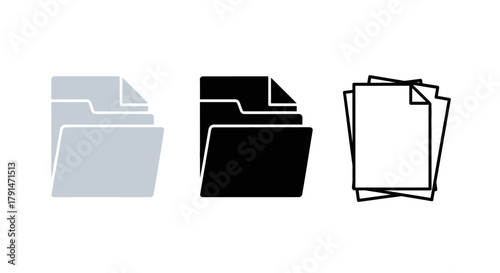 Minimalist illustration of three sets of document silhouettes, representing paperwork and contracts, flat vector design.