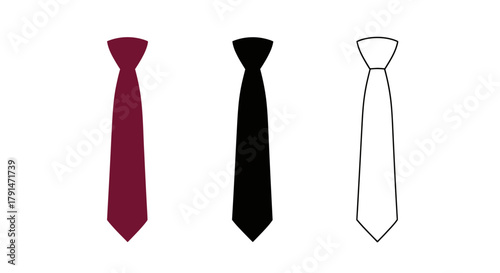 Minimalist illustration of three sets of tie silhouettes,  representing formal business attire, flat vector design.