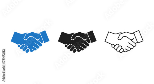 Minimalist illustration of three sets of handshake silhouettes,  symbolizing trust and business agreement, flat vector design.