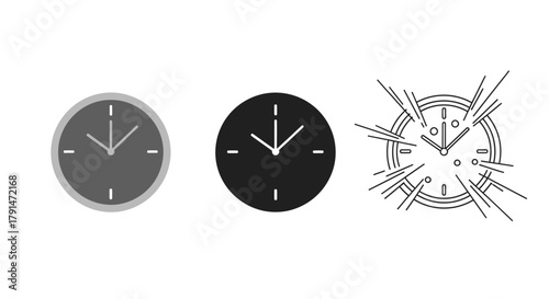 Minimalist illustration of three sets of clock silhouettes, representing time management, flat vector design.