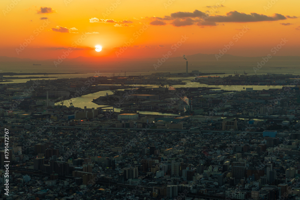 Naklejka premium 日本の都市風景 大阪府大阪市 夕暮れのあべのハルカスからの眺望