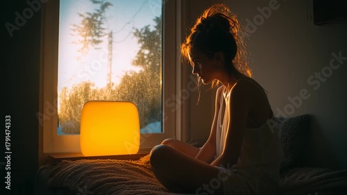 Sitting Under Daylight Lamp for Light Therapy