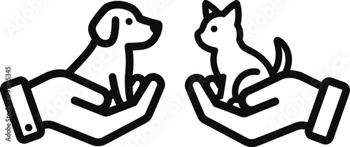 cad drawing flat vector illustration, pet care concept, hand holding dog cat, animal protection, veterinary symbol, compassion, black line art