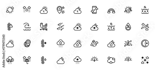 Weather icon set. Vector illustration pack. Includessymbols for sunny, rainy, nowy, thunderstorm, temperture, wind, forecast, moonphase, humidity and more. ditable stroke.