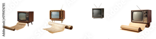 Step Back in Time with Retro TVs and Ancient Scrolls, Vintage Television Sets with Timeless Appeal, Classic Electronics Conveying History, Nostalgia, and Storytelling