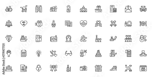 Wedding icon set. Vector illustration pack. Includessymbols for love, ring, cae, gift, bouquet, honeymoo, celebration, invitation nd more. Editable stroke.