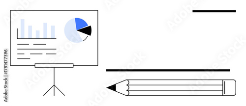 Presentation board featuring bar and pie charts alongside a large pencil for planning and note-taking. Ideal for business strategy, data analysis, education, project planning, brainstorming
