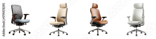 Ergonomic office chairs in assorted styles for modern workspaces, promising comfort and support during long workdays, ideal for business or home office environments