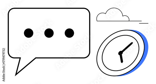 Speech bubble with ellipsis, clock representing time management and communication. Ideal for productivity, deadlines, workplace collaboration, cloud computing, scheduling, messaging, efficiency