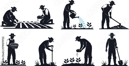 Farmer silhouette vector, agriculture poses, planting, watering, harvesting, hoeing, rural life, farming tools, black illustration, traditional farming activity