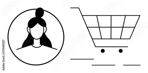 A woman avatar inside a circle next to a shopping cart, representing user profile and e-commerce. Ideal for online shopping, user journey, digital commerce, retail, customer interaction, purchasing