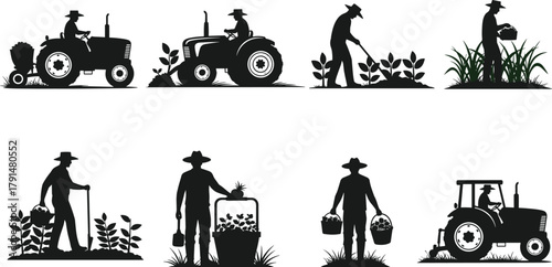 Farming activity silhouettes, tractor driving, planting, harvesting, watering, agricultural labor, black vector, rural work, farmer tools, crop cultivation