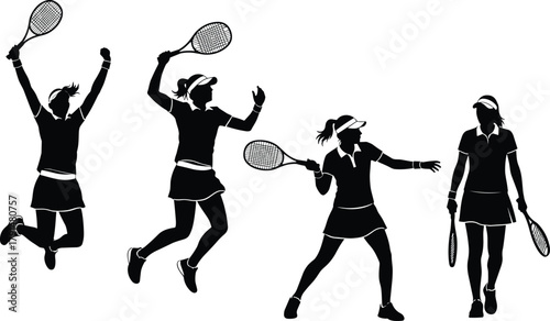 Female tennis silhouette, racket action, sports pose, athletic woman, dynamic movement, tennis jump, forehand swing, black figure, visor outfit, celebration