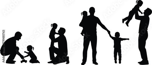 Father daughter silhouette, parenting moments, childhood bond, family love, emotional connection, black figure, playtime, lifting child, holding hands, nurturing care