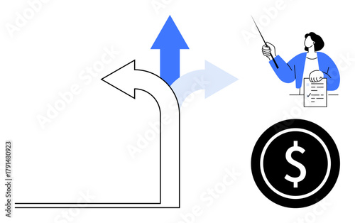 Curved arrow symbolizes life or career choices, large upward arrow conveys growth, person holding document advises, dollar icon shows financial improvement. Ideal for success, growth