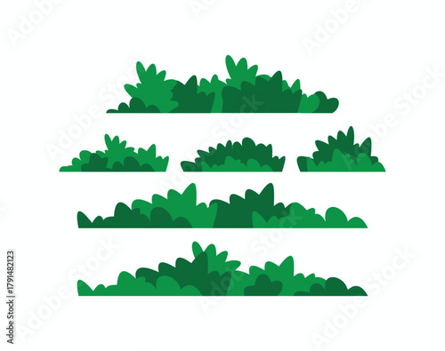 Layered green bush vector set in flat cartoon style. Versatile nature elements for game design, landscape illustration, and decorative borders