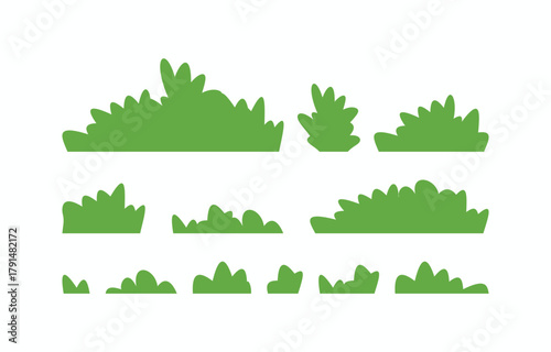 Set of bright green bush vector silhouettes in a simple cartoon style. Essential nature elements for 2D game assets, sprites, and environmental design