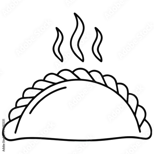 A black and white line drawing of a hot, steamy empanada. The illustration is perfect for cookbooks, restaurant menus, or food-themed design projects.