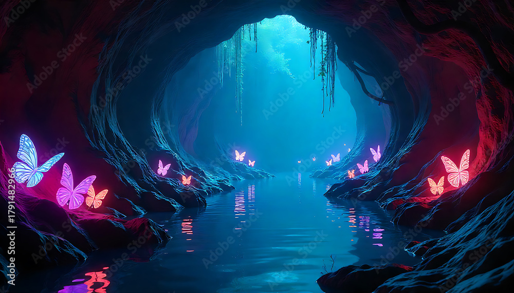 Fototapeta premium A hidden cenote fused with neon bioluminescent flora, creating a glowing, otherworldly scene. The vibrant colors and magical lighting evoke a sense of discovery and natural wonder, perfect for fantasy