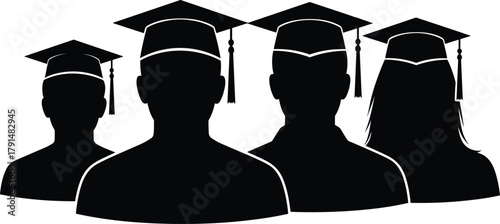 Graduation, silhouette, students, academic, cap, gown, ceremony, education, achievement, vector, black, white, milestone, success, group, illustration, school, college, university, proud