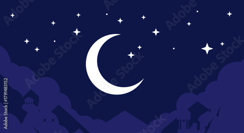 A serene vector illustration of a crescent moon and stars in the night sky above a cityscape silhouette with clouds